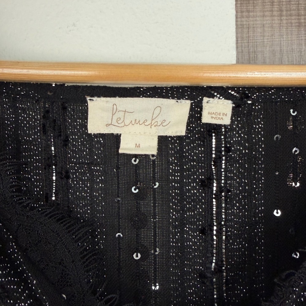 Anthropologie Let Me Be Black Gold Sequin Embellished Lace V Neck Blouse Medium - Picture 14 of 15